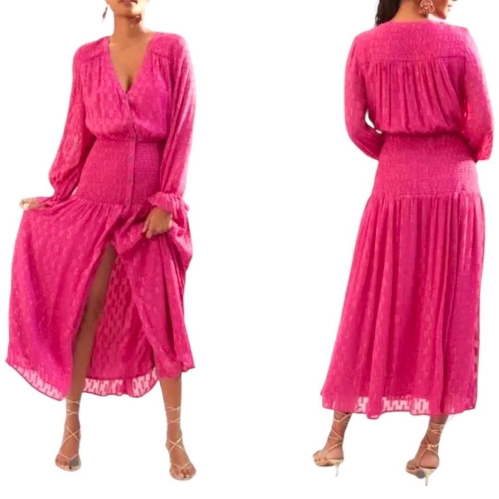Anthropologie Fuchsia Gold Thread Button Front Long Sleeve Maxi Dress Size M NWT